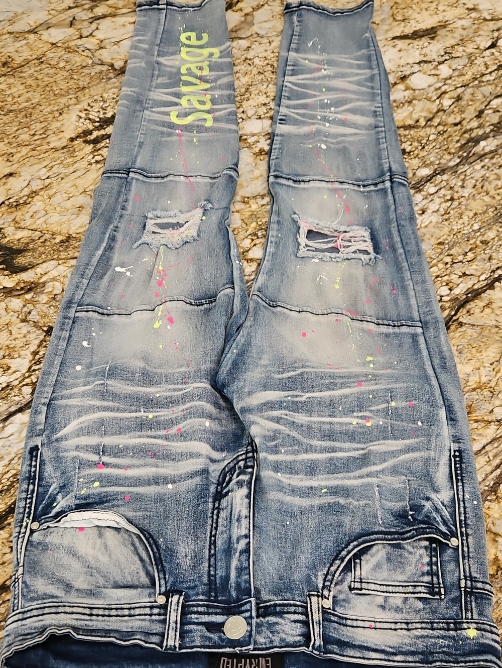 ENCRYPTED Men's Savage Paint-Splatter Distressed Denim Jeans. Size 32/32